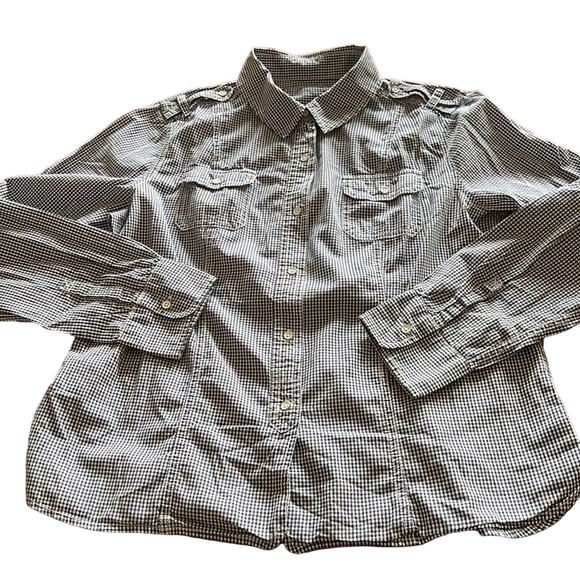 Navy Blue & White Gingham Check Blouse Woman Size Medium Preppy Button Up - Picture 4 of 8